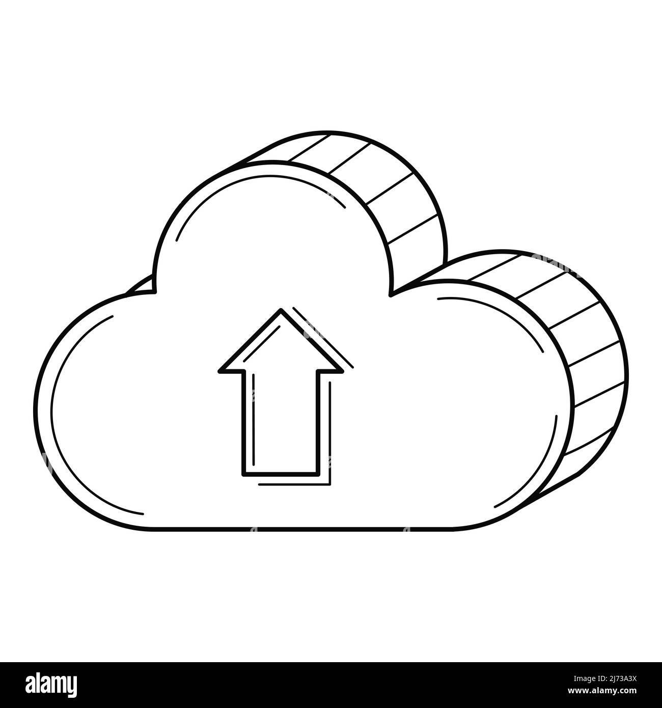 Una nuvola tridimensionale con una freccia rivolta verso l'alto. Il simbolo di caricamento del file. Archiviazione di file cloud. Illustrazione vettoriale in bianco e nero disegnata a mano. Isolato su a. Illustrazione Vettoriale