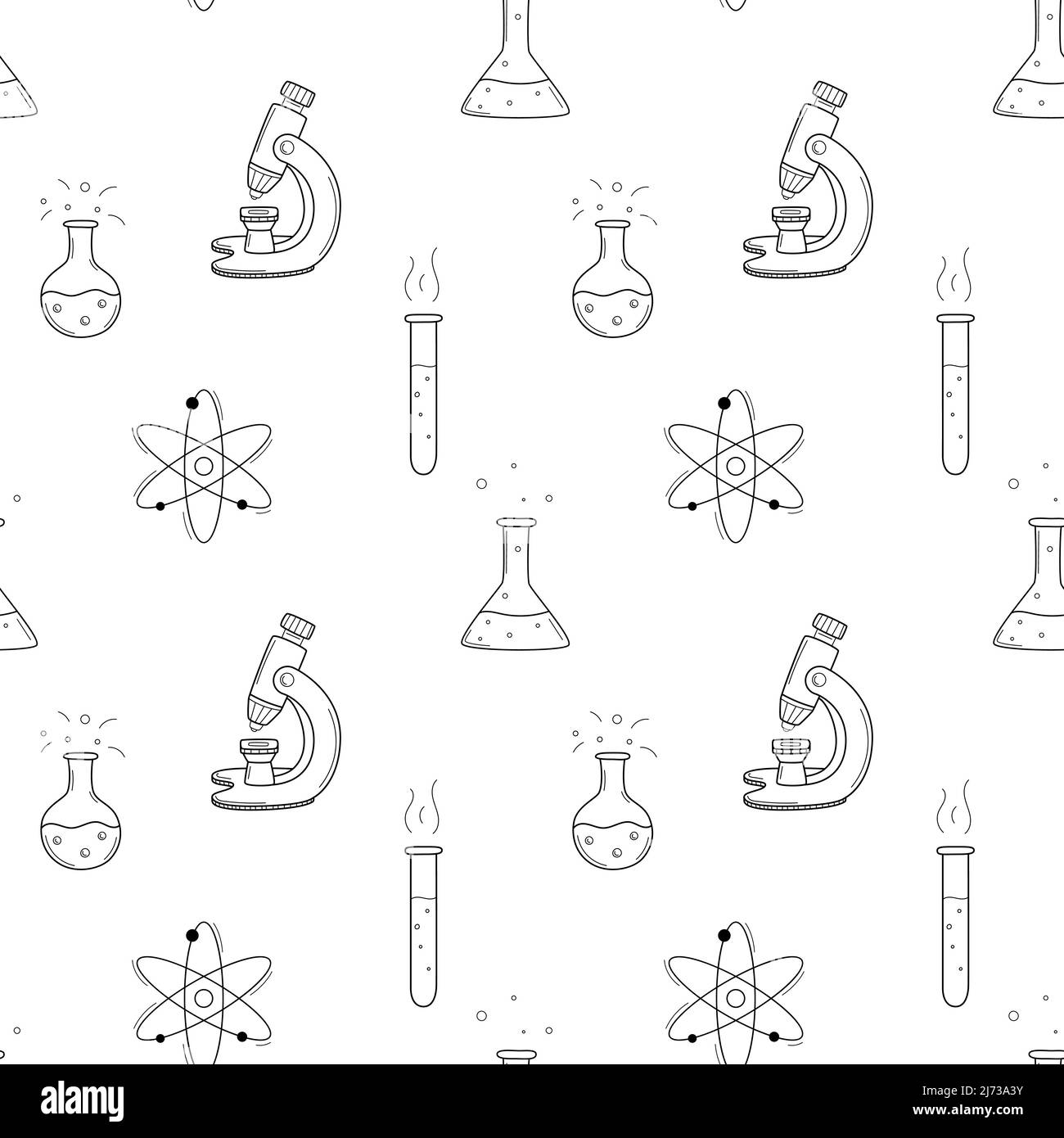 Modello School Simple senza cuciture con matraccio, becher, provetta, microscopio, modello Atom. Chimica, scienza. Sfondo bianco e nero con isolamento Illustrazione Vettoriale