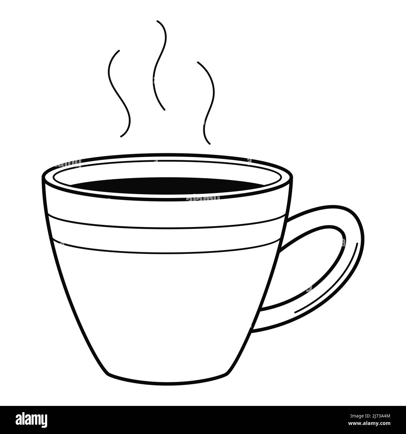Una tazza di caffè o tè con vapore. Una bevanda calda. Icona lineare. Illustrazione vettoriale in bianco e nero disegnata a mano. Isolato su sfondo bianco. Illustrazione Vettoriale
