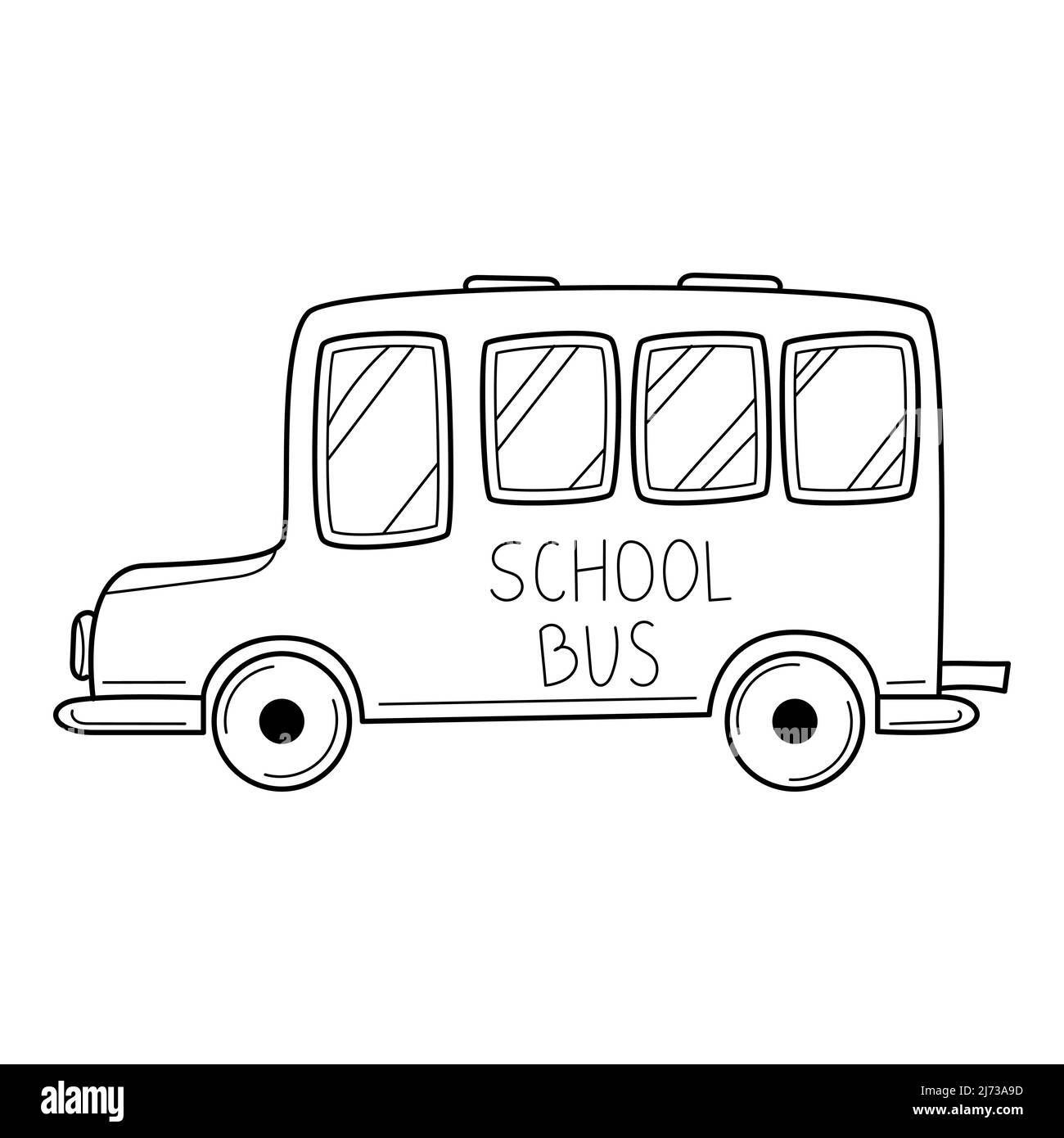 Autobus scolastico in stile Doodle. Illustrazione vettoriale in bianco e nero disegnata a mano. Gli elementi di design sono isolati su sfondo bianco. Illustrazione Vettoriale