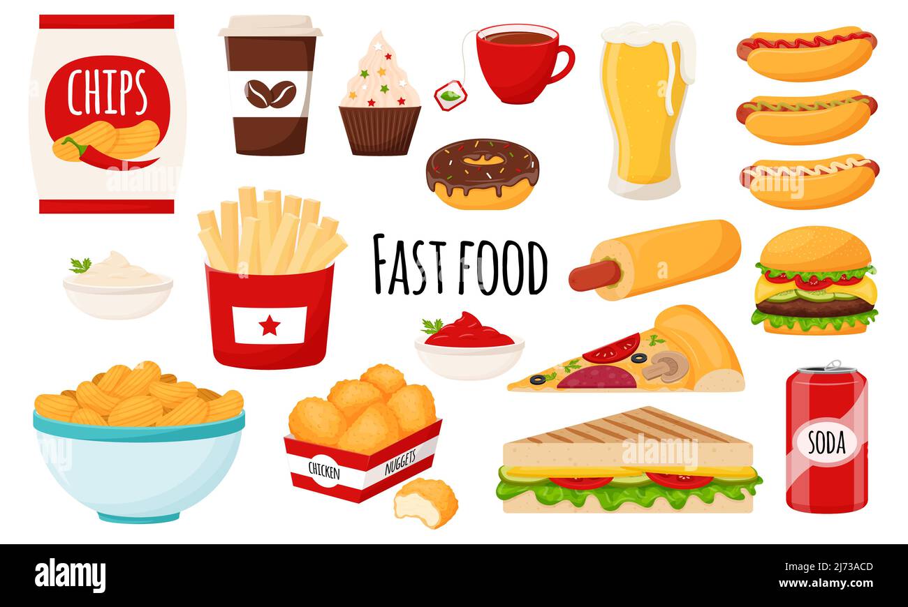 Raccolta di fast food. Un insieme di grassi, ad alto contenuto calorico, alimenti nocivi. Hamburger, hot dog, patatine, patatine fritte, pepite di pollo, pizza, patatine. Carotaggio piatto Illustrazione Vettoriale