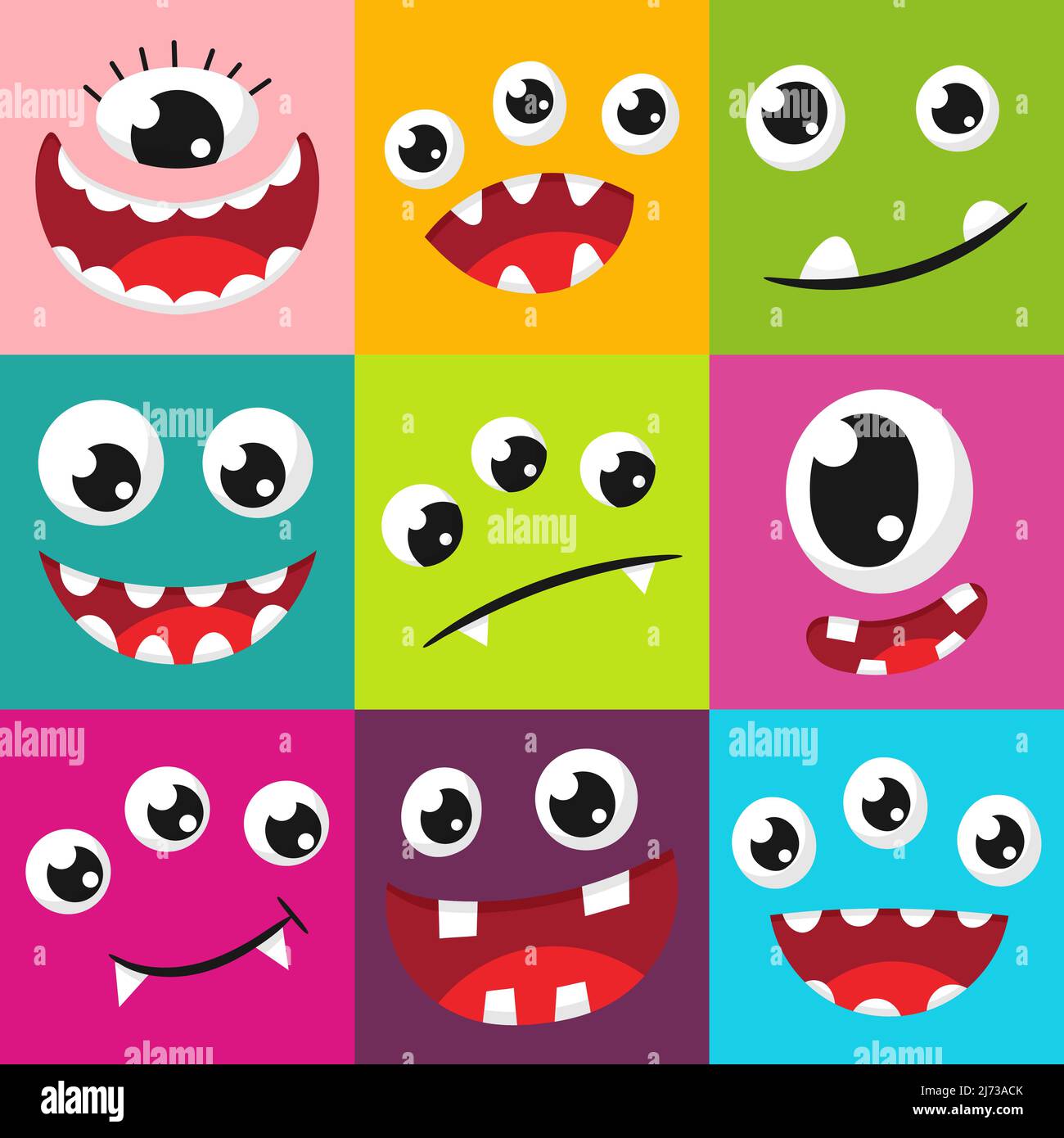 Simpatico mostro volti con occhi, fangs. Cartoon, genere, sorridente, espressivo, divertente espressioni facciali. Illustrazione a colori, luminosa, vettoriale piatta per bambini Illustrazione Vettoriale