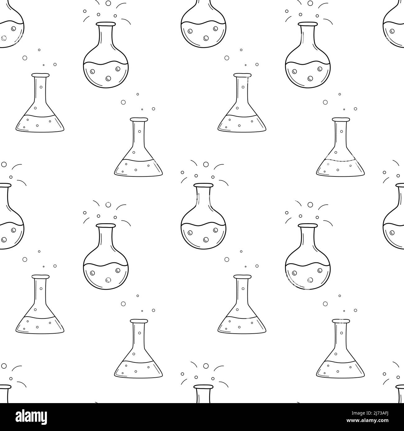 Modello senza cuciture School Simple con matraccio, becher, provetta. Chimica, scienza, ricerca. Sfondo bianco e nero con soletta mano disegnata dood Illustrazione Vettoriale