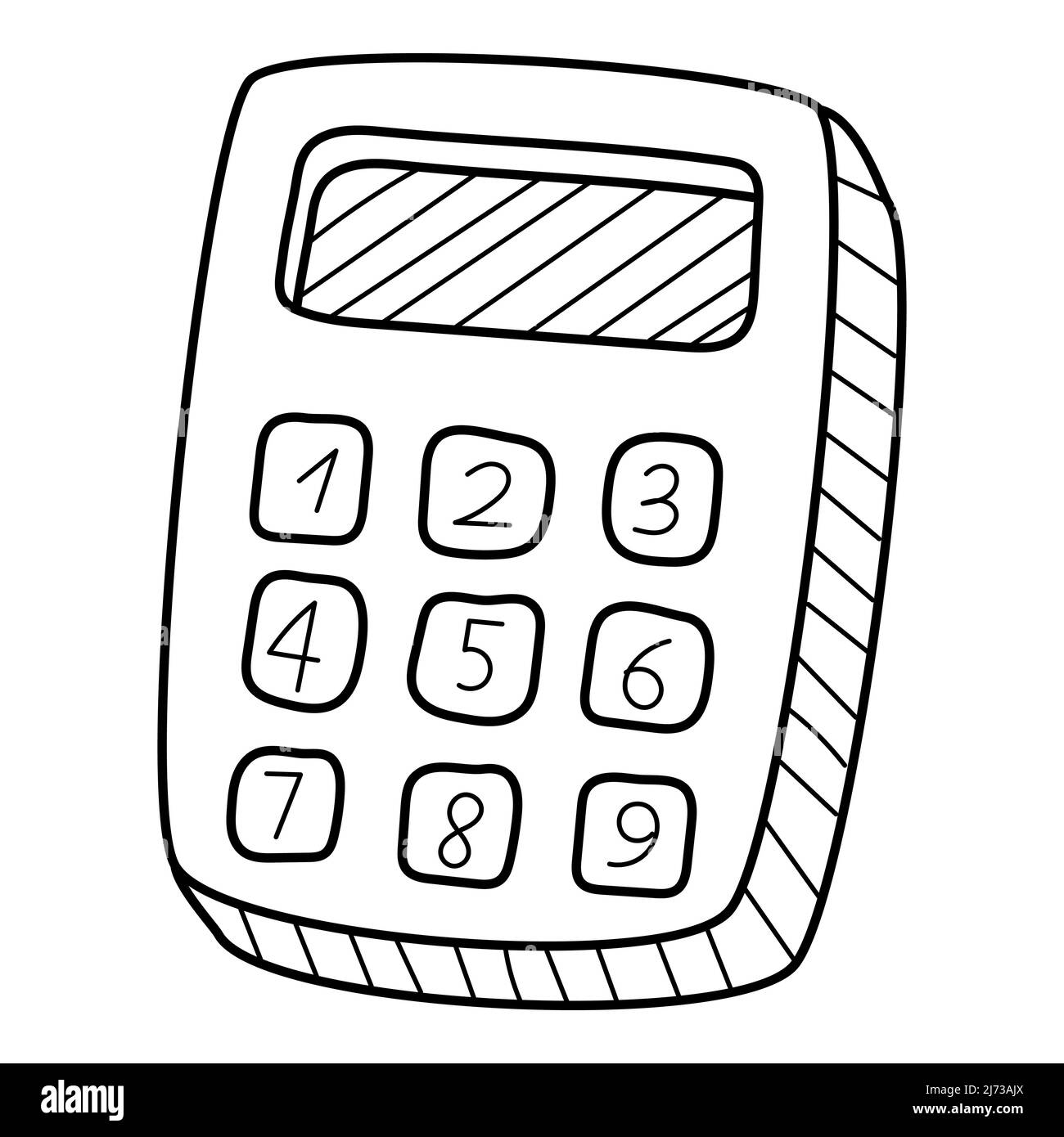 Una calcolatrice semplice. Doodle. Illustrazione vettoriale in bianco e nero disegnata a mano. Gli elementi di design sono isolati su sfondo bianco Illustrazione Vettoriale