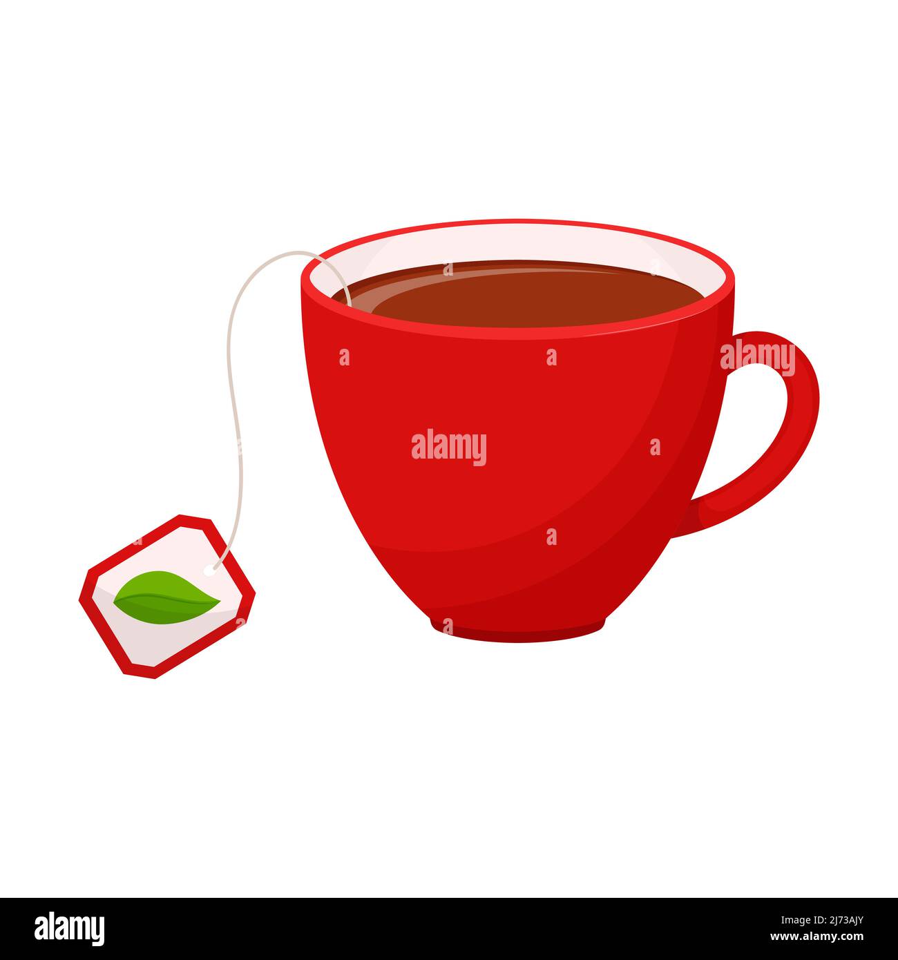 Una tazza di tè caldo con un'etichetta da un teabag con una foglia su di esso. Una bevanda rinvigorente in una tazza rossa. Stile cartoon piatto, isolato su sfondo bianco. Illustrazione Vettoriale