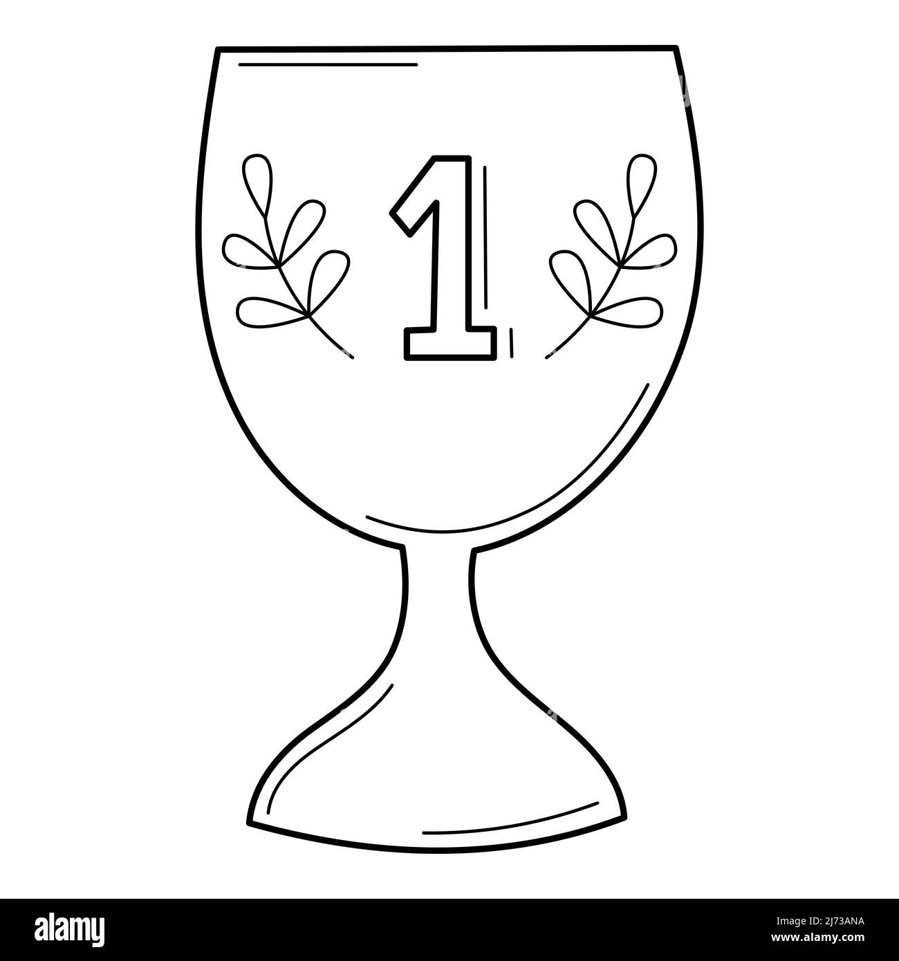 La tazza per il primo posto. Ricompensa. Doodle. Illustrazione vettoriale in bianco e nero disegnata a mano. Gli elementi di design sono isolati su sfondo bianco Illustrazione Vettoriale