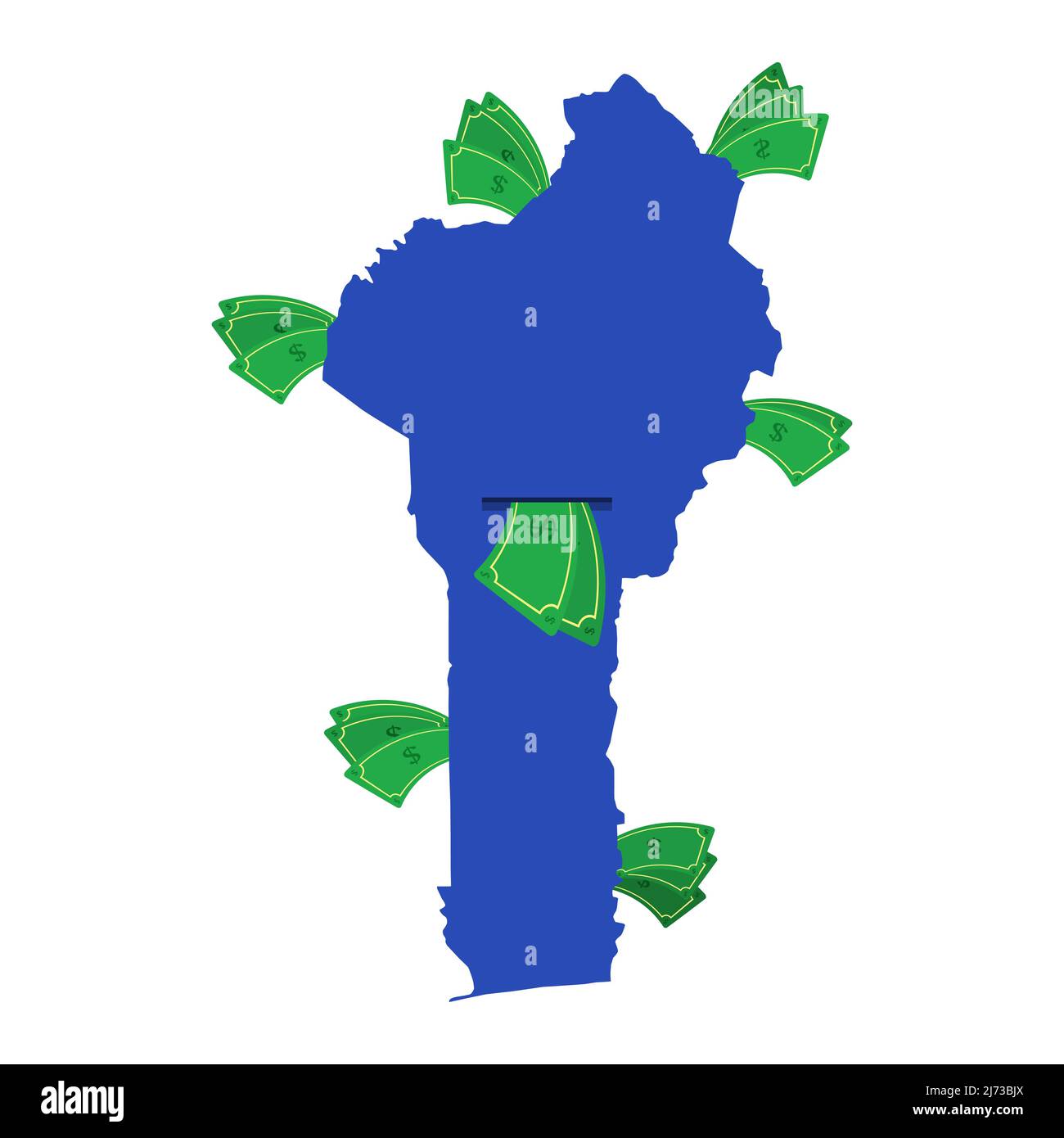 Benin mappa in blu con bollette in giro. Denaro che lascia il centro del paese. Economia del beninese. Sfondo bianco. Isolato. Illustrazione Vettoriale