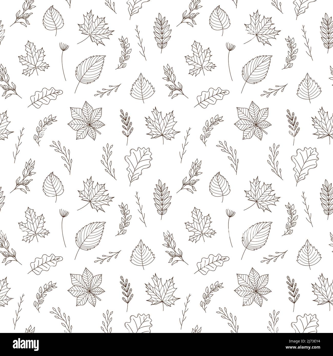 Modello senza cuciture con foglie e ramoscelli autunnali. Acero, quercia, castagno, aspen, betulla. Sfondo monocromatico con elementi a forma di barretta botanica. Illustrazione Vettoriale