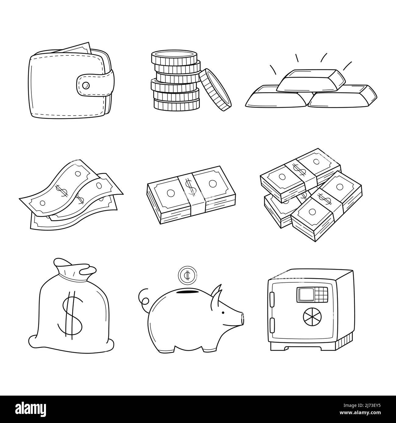 Un insieme di icone lineari con denaro, monete, banconote, pacchi di banconote, una banca di maialini, contanti, un portafoglio. Business, banca, simboli di denaro. Nero disegnato a mano AN Illustrazione Vettoriale