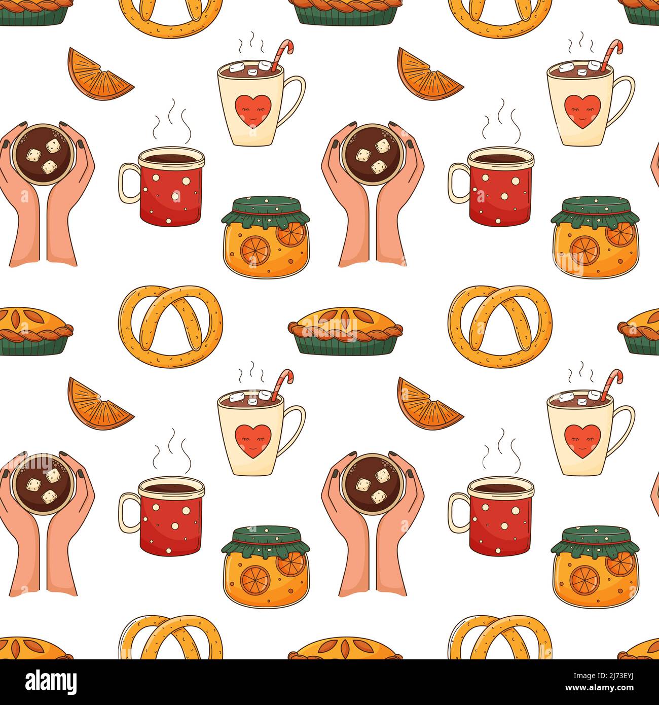 Modello senza cuciture con caffè, marmellata, torta, pretzel. Mani che tengono una tazza di cacao con marshmallows. Cibo, bevande calde, autunno accogliente. Sfondo colorato Illustrazione Vettoriale