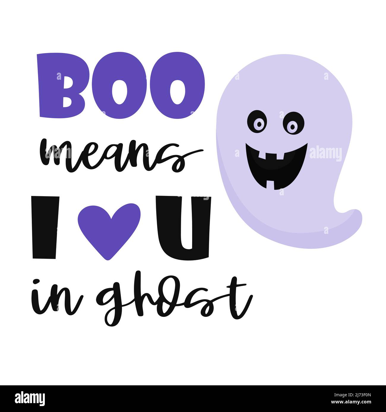 Un fantasma con occhi e una bocca sorridente. Iscrizione scritta a mano e scritta - Boo significa che ti amo in fantasma. Illustrazione vettoriale cartoon a colori Illustrazione Vettoriale