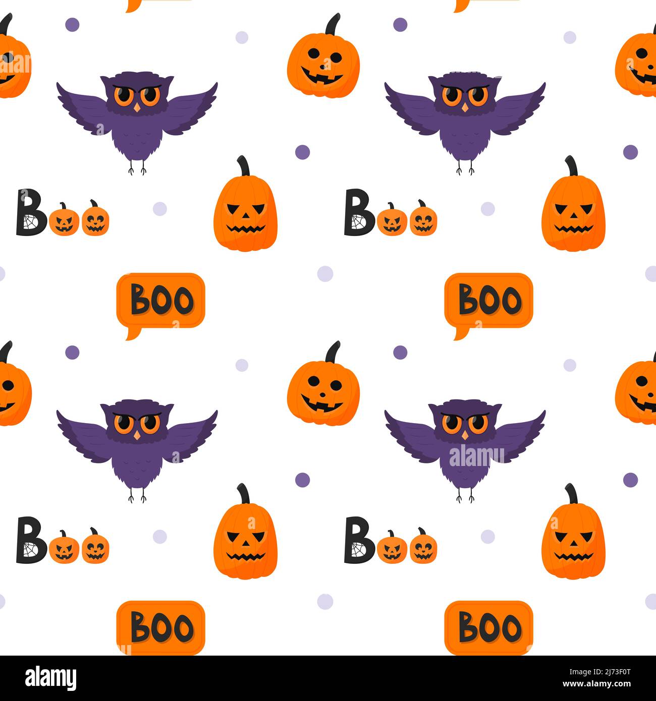 Halloween modello senza cuciture con un gufo, una zucca, l'iscrizione Boo. Elementi cartoni animati piatti su sfondo bianco. Sfondo colorato per le vacanze. Viola, Illustrazione Vettoriale