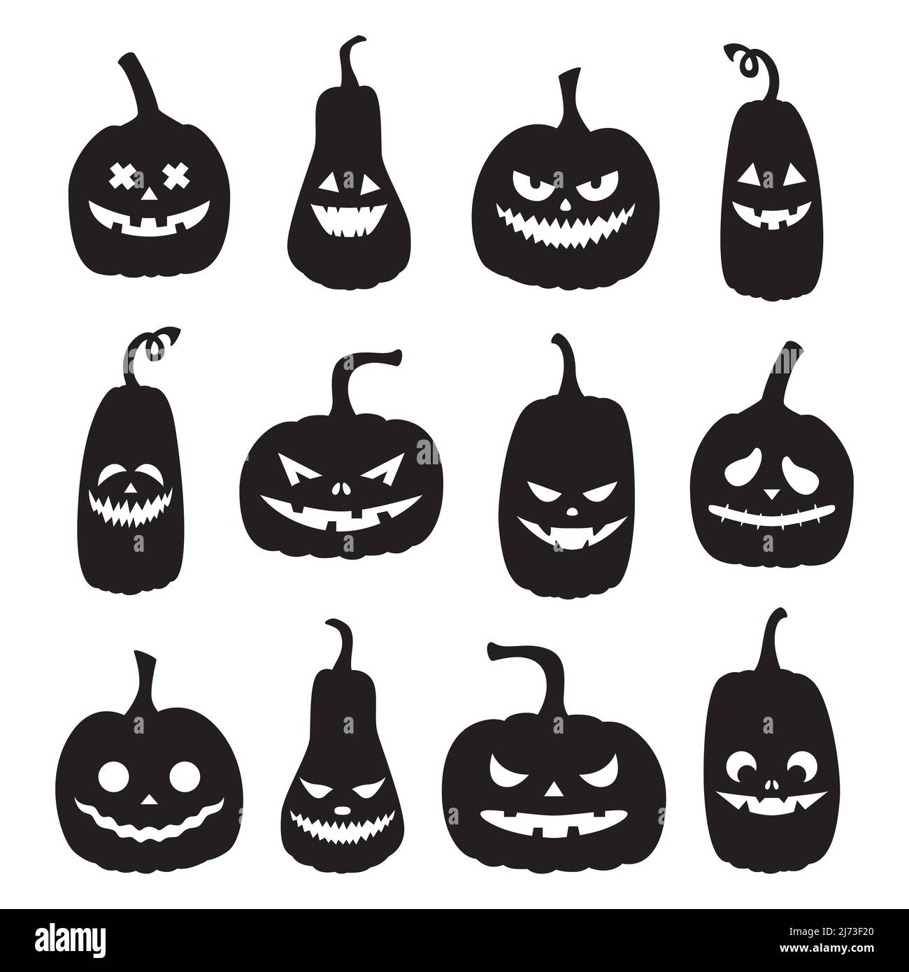 Un set di silhouette in zucca nera con volti spooky. Zucche di Halloween con diverse espressioni facciali. Template per scultura Jack o lanterna. Vet Illustrazione Vettoriale