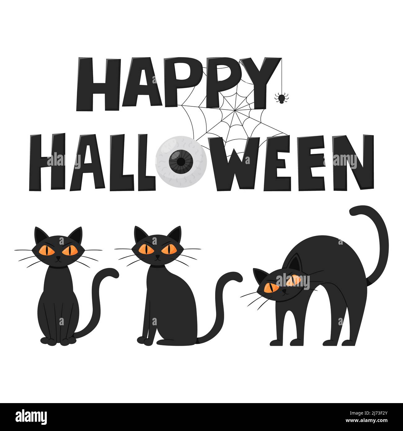 Gatti neri, accigliati, seri. Il gatto è seduto, in piedi con la sua  schiena arcuata. Parole disegnate a mano di Halloween felice. Colore  cartoon flat vettore illus Immagine e Vettoriale - Alamy