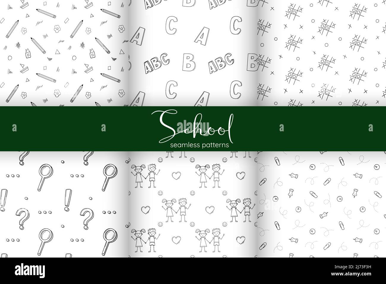 Un set di semplici modelli di scuola senza giunture con articoli di cancelleria della scuola, bambini, una lente d'ingrandimento, tic-tac-toe. Sfondo bianco e nero con isolo Illustrazione Vettoriale