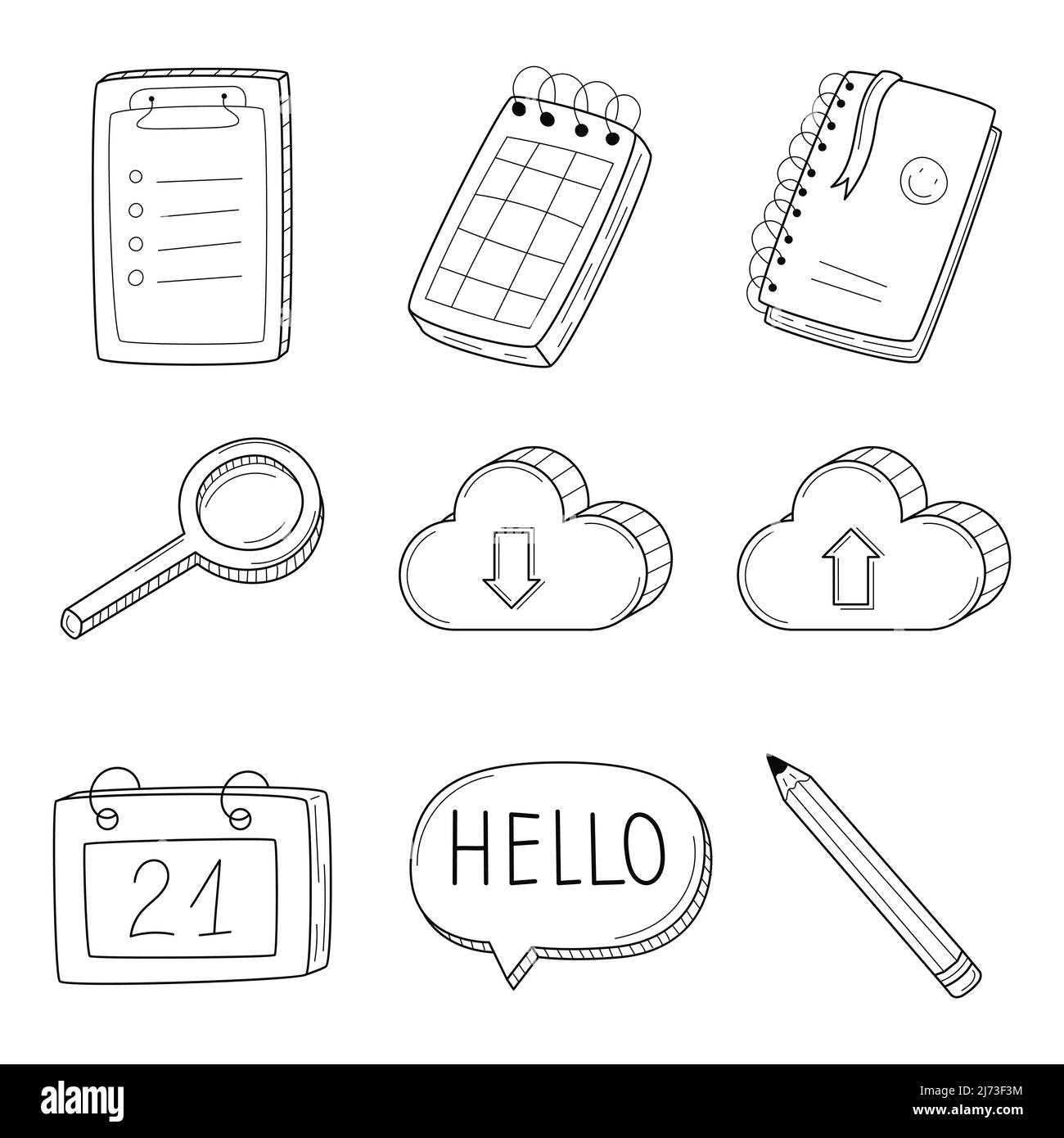 Una serie di icone lineari con blocco note, blocco note, calendario, matita, lente d'ingrandimento, cloud. Simboli aziendali. Illustrazione del vettore bianco e nero disegnato a mano Illustrazione Vettoriale