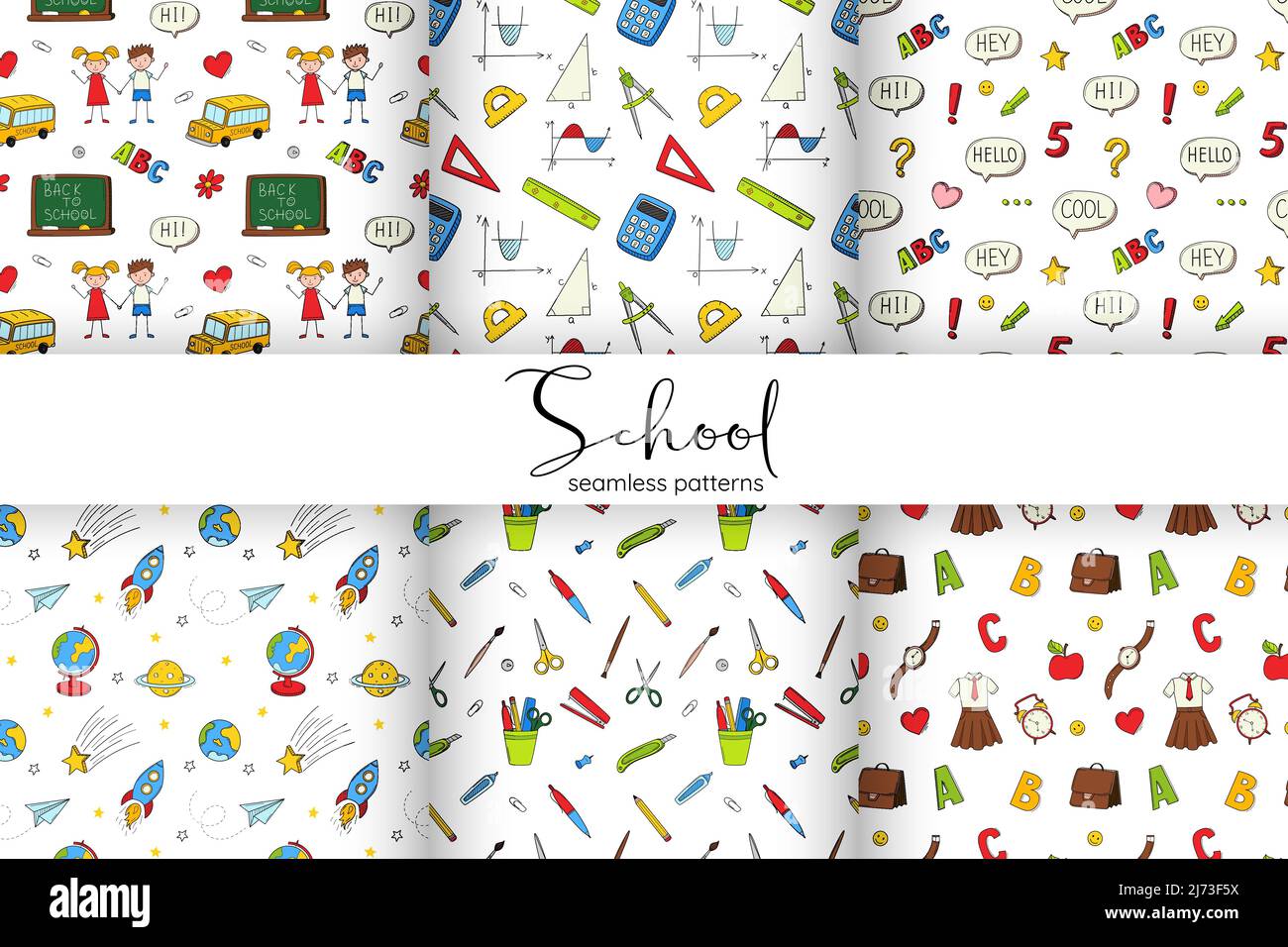 Una serie di schemi scolastici senza soluzione di continuità con cancelleria scolastica, un bus scolastico, grafici, un razzo spaziale. Sfondo bianco e nero con isolato disegno a mano Illustrazione Vettoriale