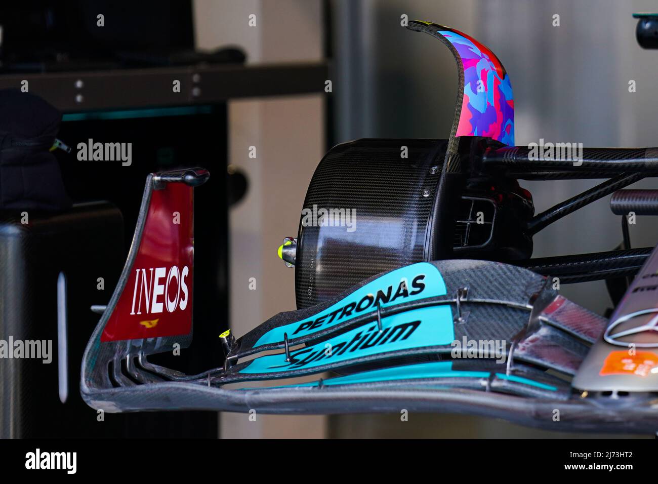 Miami, Florida, Stati Uniti. 5th maggio 2022. Miami, US, 05/05/2022, Miami International Autodrome, Miami, Stati Uniti il 5 maggio 2022 Mercedes Front Wing Detail, Wheel Guard durante LA FORMULA 1 CRYPTO.COM MIAMI GRAND PRIX 2022, Eleanor Hoad Credit: Every Second Media/Alamy Live News Foto Stock