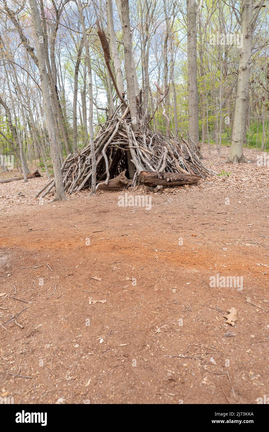 Rifugio forestale fatto di rami di albero Foto Stock