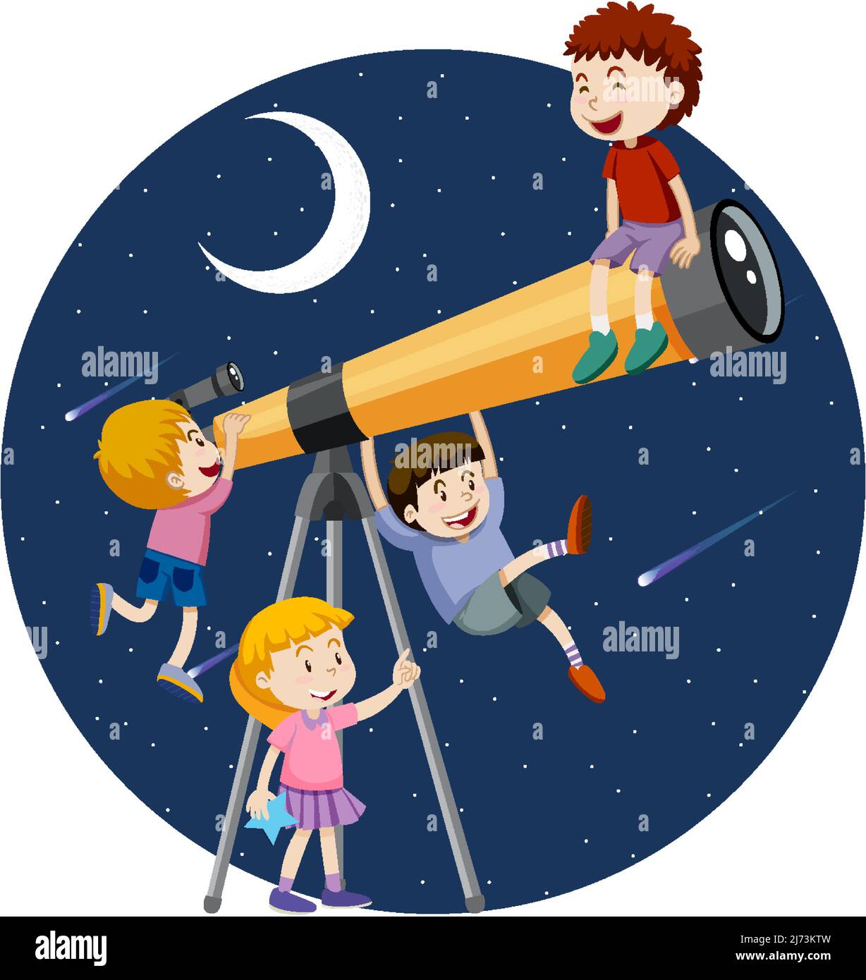 Felice bambini e telescopio notte illustrazione Illustrazione Vettoriale