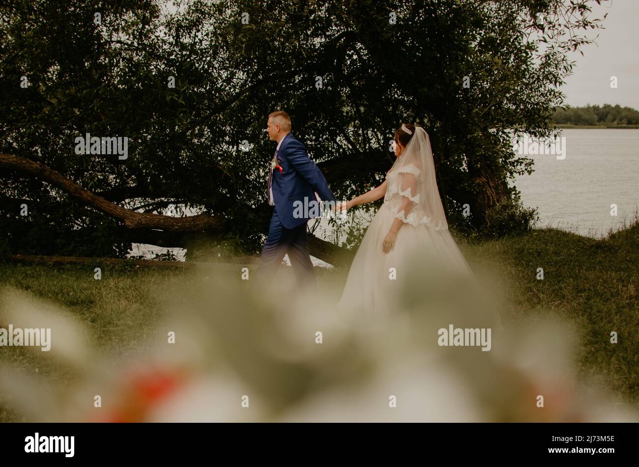 Il giovane uomo biondo caucasico europeo sposa in abito blu e donna dai capelli neri sposa in abito da sposa bianco a velo lungo e tiara sulla testa. Gli sposi camminano Foto Stock
