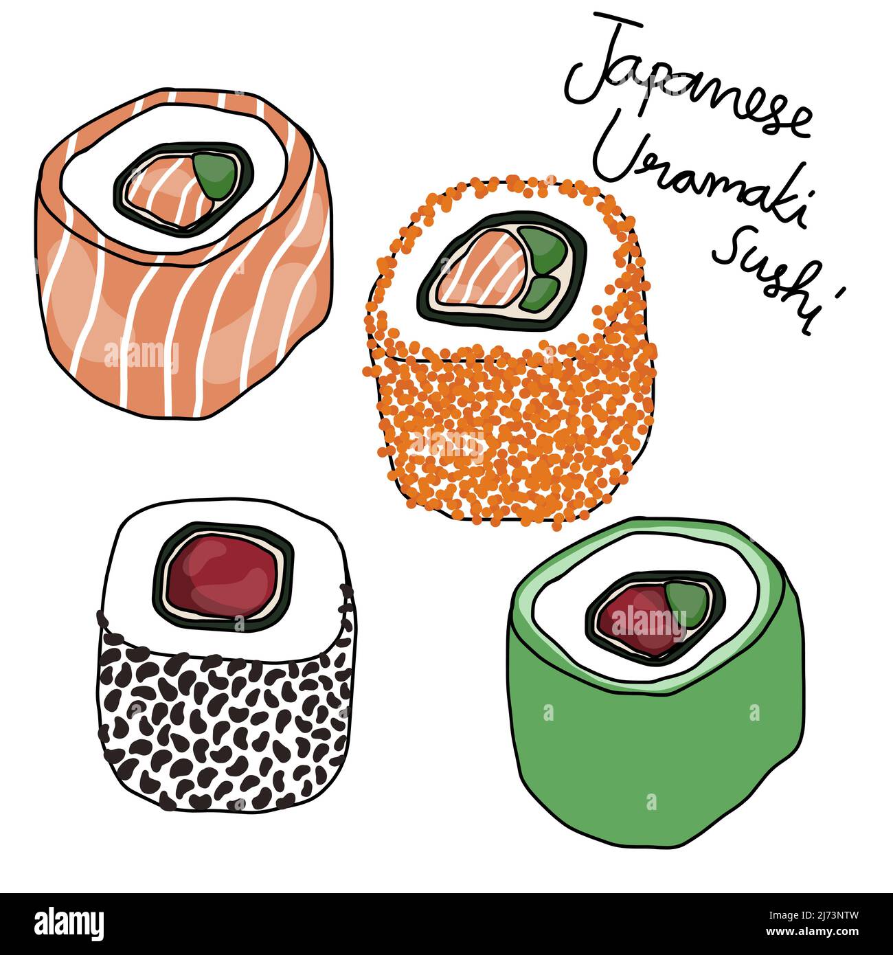 Illustrazione del disegno a linee di sushi giapponese Illustrazione Vettoriale