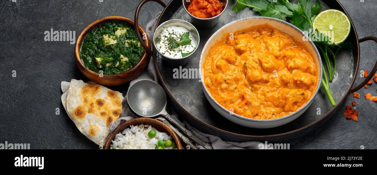 Curry indiano sul backgroound scuro. Concetto di cibo tradizionale. Piatti e antipasti di vera cucina. Panorama, spazio copia Foto Stock