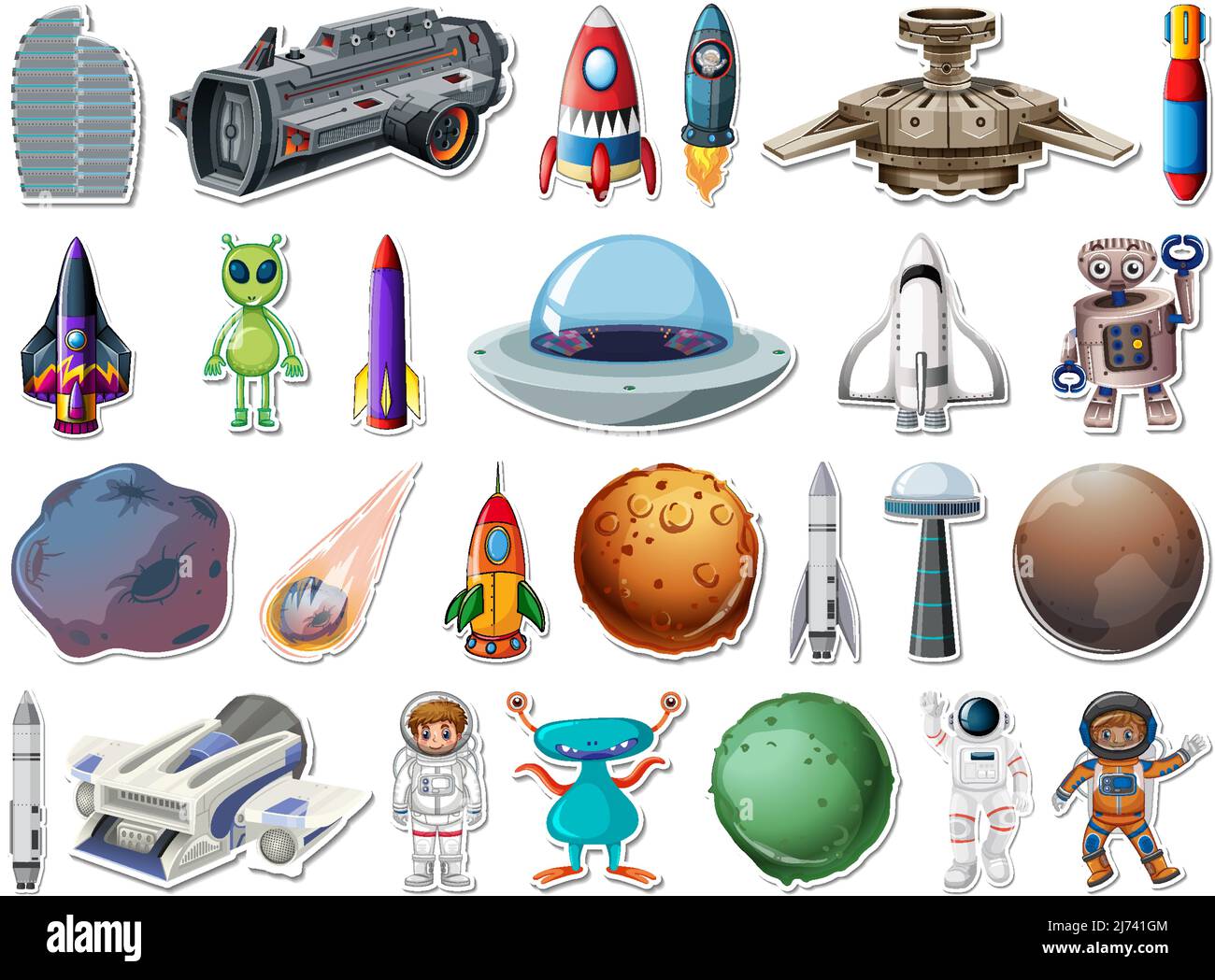 Set di adesivi per gli oggetti dello spazio esterno e illustrazione degli astronauti Illustrazione Vettoriale
