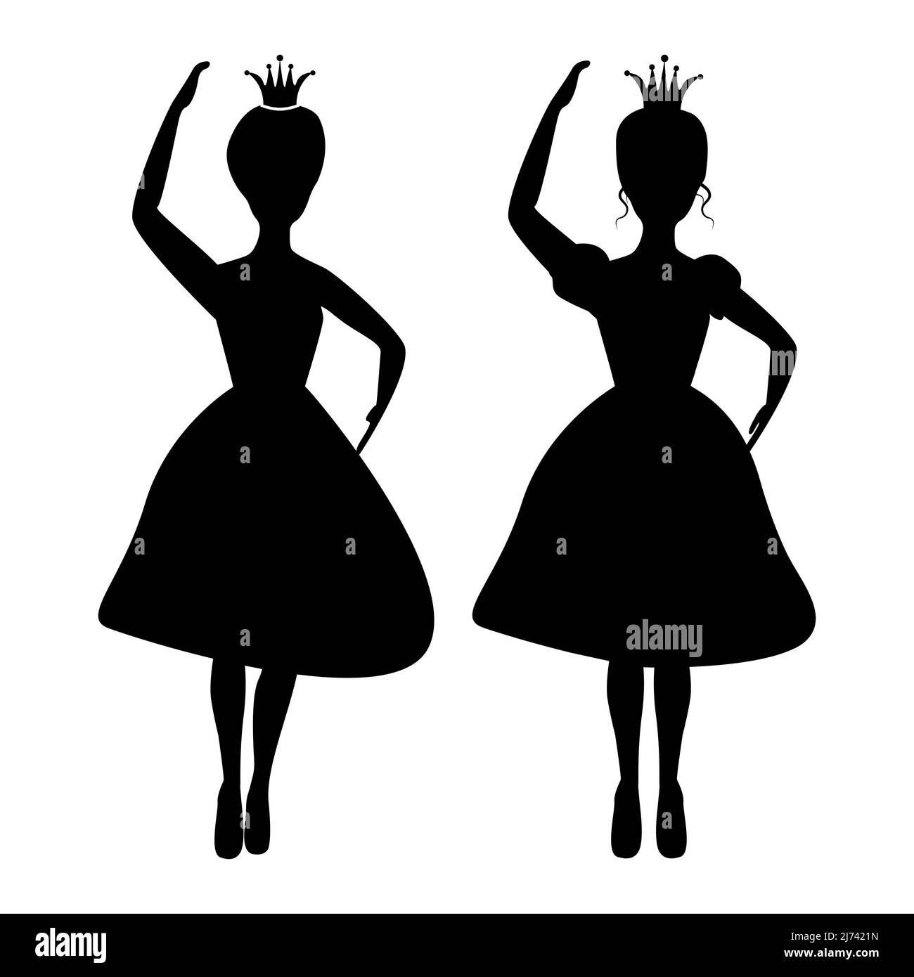 Principessa ballante isolata e silhouette regina su sfondo bianco. Disegno di illustrazione di racconto di fata. Illustrazione Vettoriale