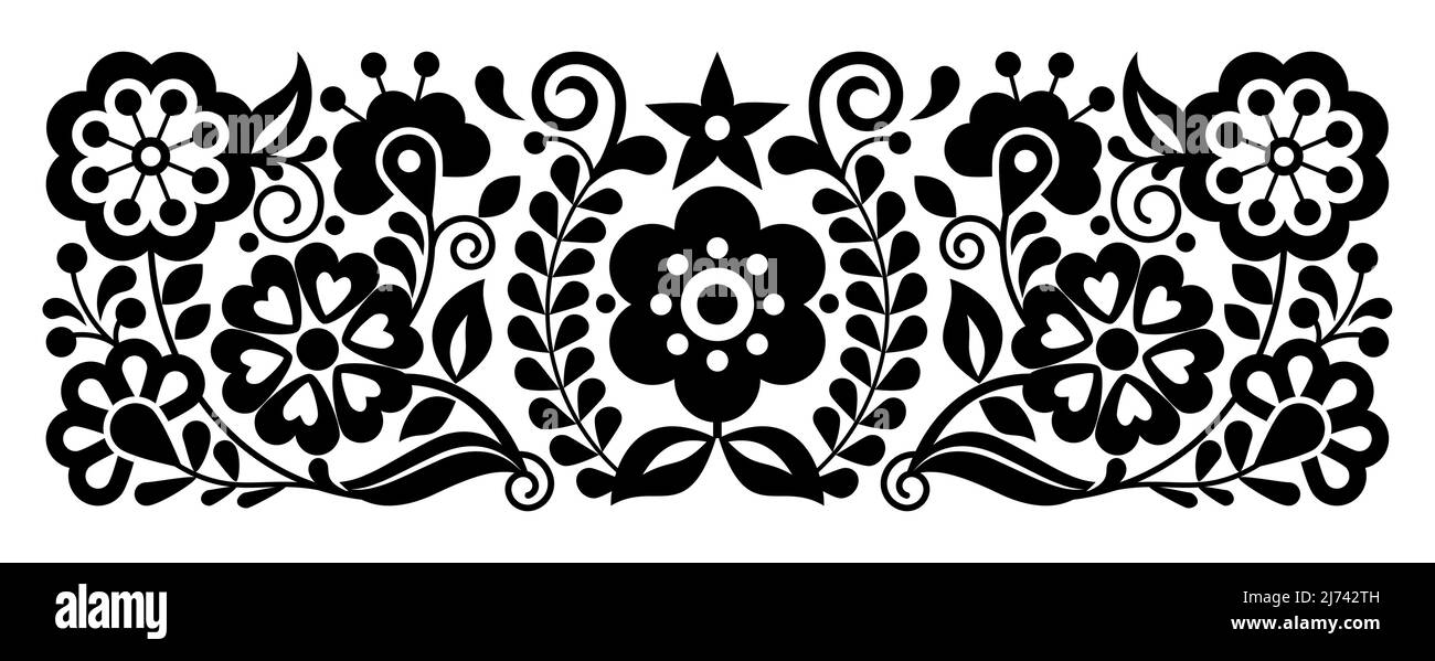 Modello floreale vettoriale in stile ricamo messicano, ornamento ispirato all'arte popolare del Messico, sfondo artigianale tradizionale in bianco e nero Illustrazione Vettoriale