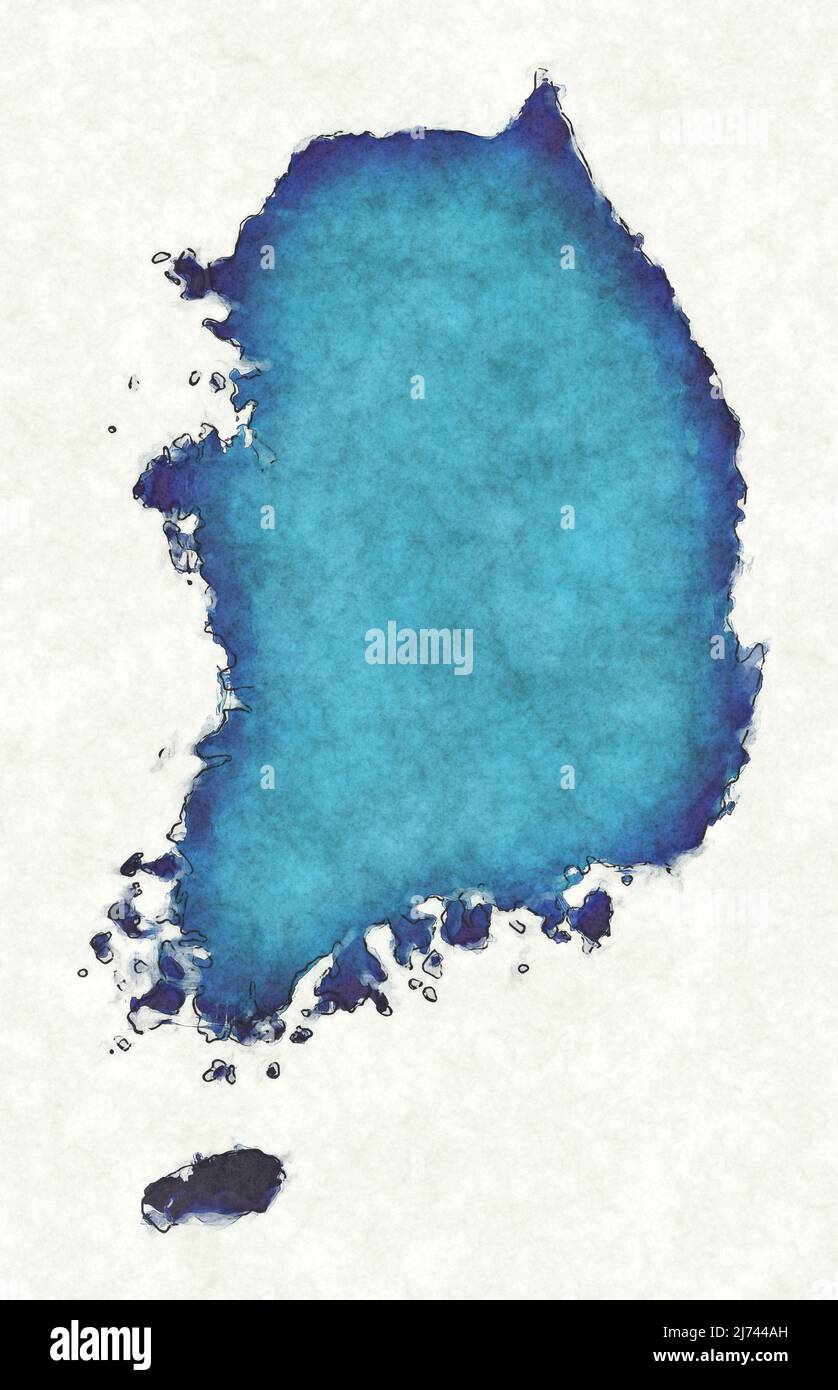 Mappa della Corea del Sud con linee tracciate e illustrazione dell'acquerello blu Foto Stock