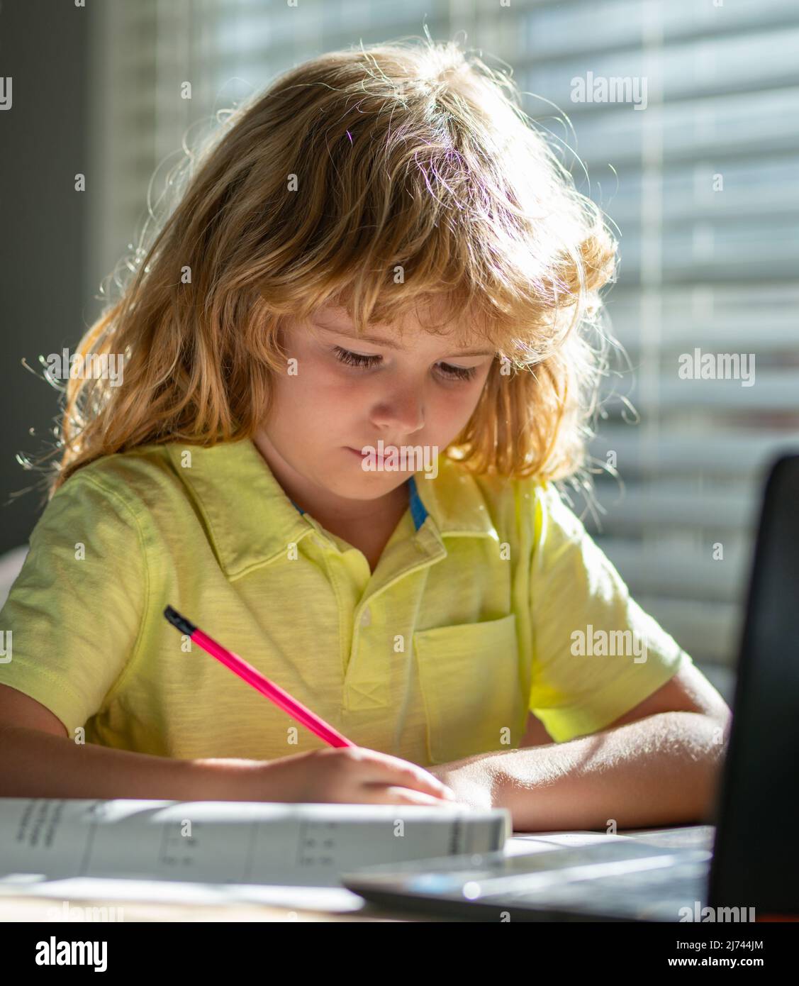 Il ragazzo del capretto nel paese scrive disegna, classi per un bambino nel paese. Ragazzo della scuola di homeschool che fa i compiti e che impara alla classe. Il bambino tiene una matita e disegna a. Foto Stock