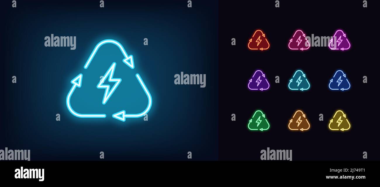 Delineare l'icona di ricarica elettrica al neon. Simbolo di fulmine al neon incandescente con triangolo di riciclo, pittogramma del processo di carica. Carica della batteria del veicolo elettrico Illustrazione Vettoriale