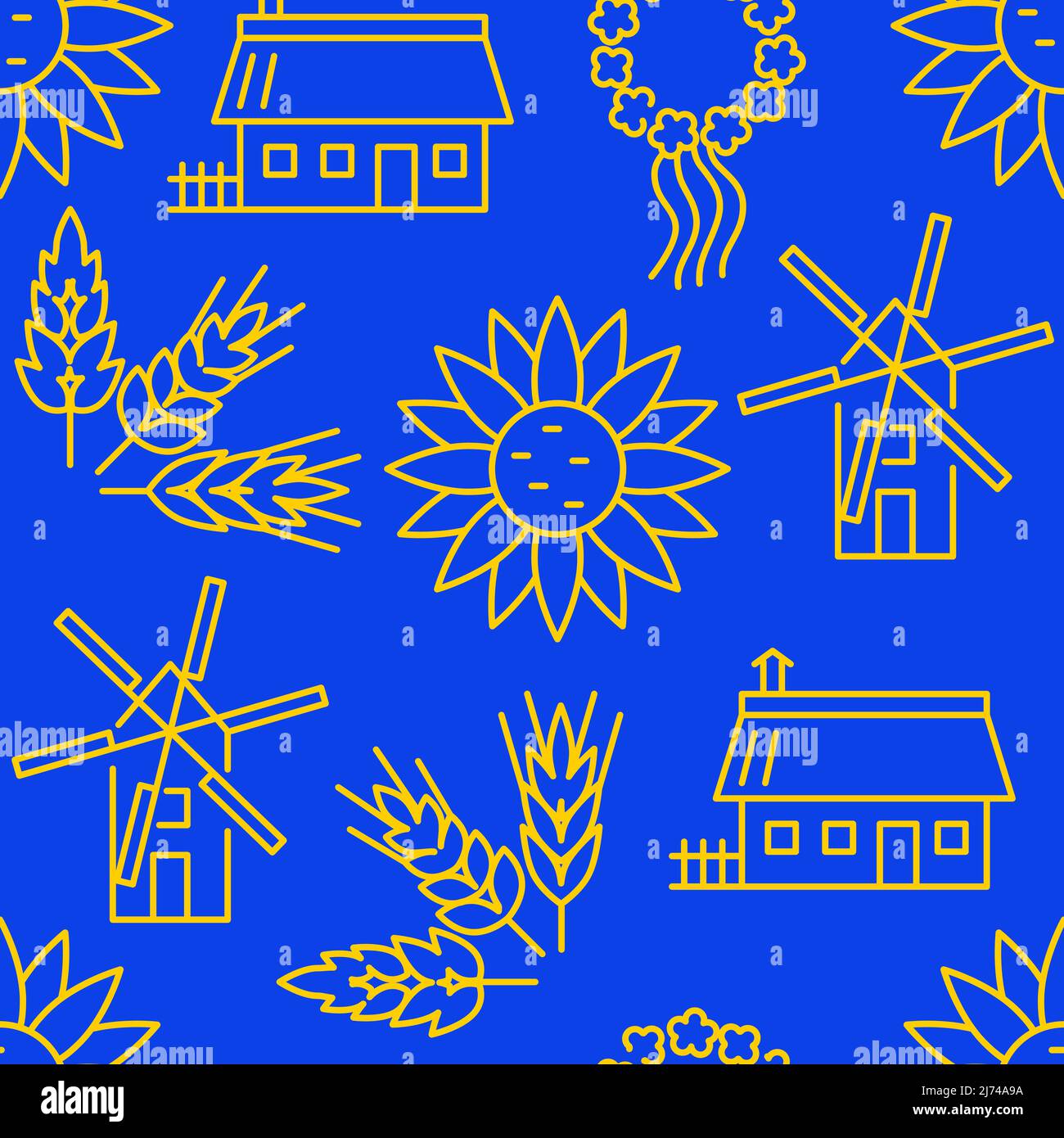 Modello rurale senza cuciture in stile lineare. Simboli ucraini. Illustrazione vettoriale. Illustrazione Vettoriale