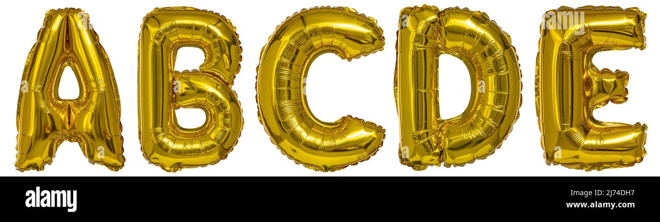 palloncini reali a forma di lettere a b c d e oro metallico su sfondo bianco Foto Stock