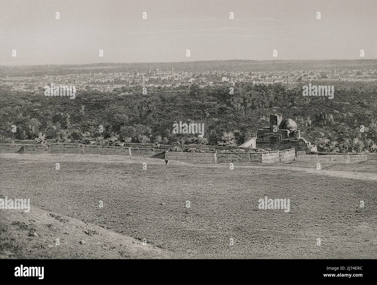 Siria, Damasco. Vista generale della città. Illustrazione di José Cebrian. Litografia di Julio Donón. 'Viaje a Oriente', 1882. Autore: José Cebrián (1839-1904). Illustratore spagnolo. Julio Donón. Litografo spagnolo (attivo dal 1840 al 1880). Foto Stock