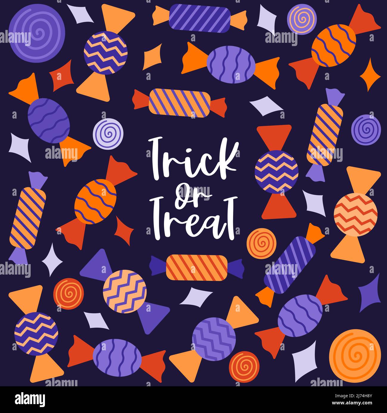 Una cartolina quadrata con dolci in un involucro. Lattering a mano-trucco o trattare. Decorazione di Halloween. Disegno vettoriale cartoon piatto a colori su una ba viola Illustrazione Vettoriale