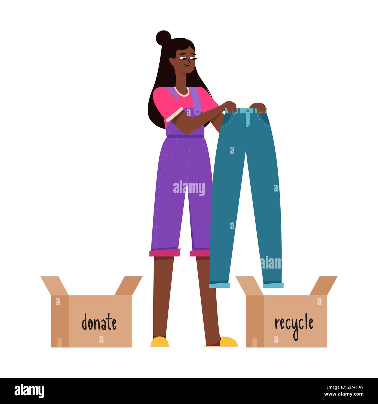 Una giovane ragazza nera sta tenendo i jeans blu nelle sue mani e sta pensando di donarli o riciclarli. Consumo ragionevole, stipando, ordinando i vestiti Illustrazione Vettoriale