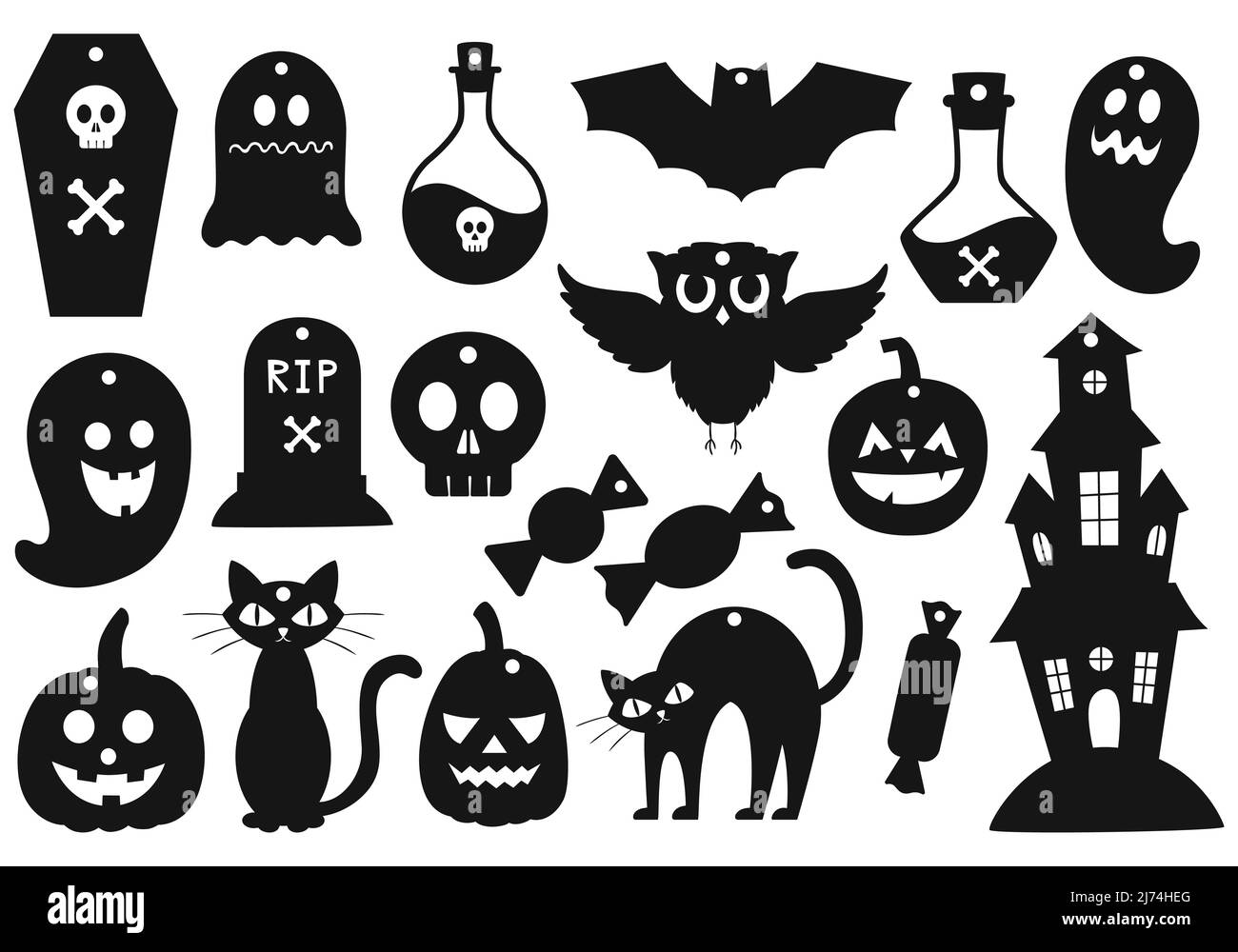 Un set di semplici etichette regalo. Silhouette nere dei simboli di Halloween. Lanterna di zucca, casa infestata, pipistrello, pozione, lapidi, gatto, caramella. Semplice camera piatta Illustrazione Vettoriale