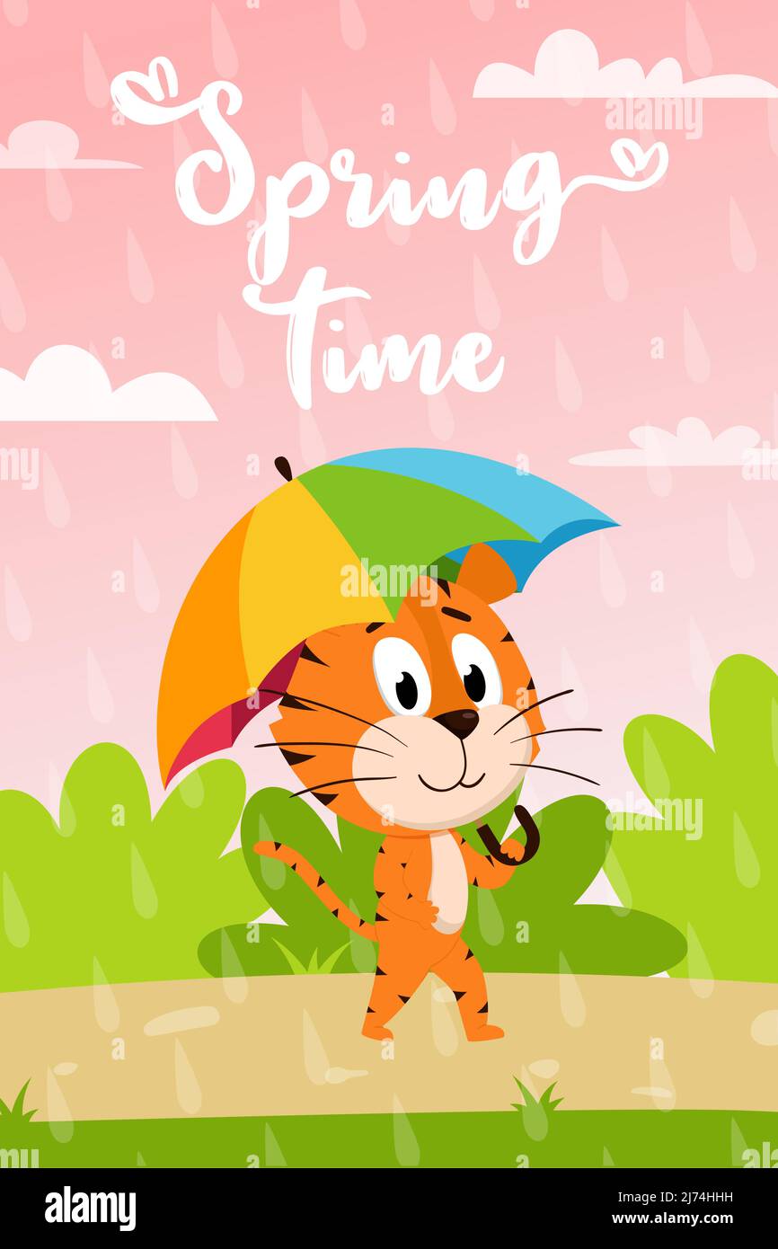 Una simpatica tigre cartoon cammina sotto un ombrello lungo un sentiero. Sfondo di un paesaggio estivo con cespugli. Scheda rettangolare verticale con un adorabile ch Illustrazione Vettoriale