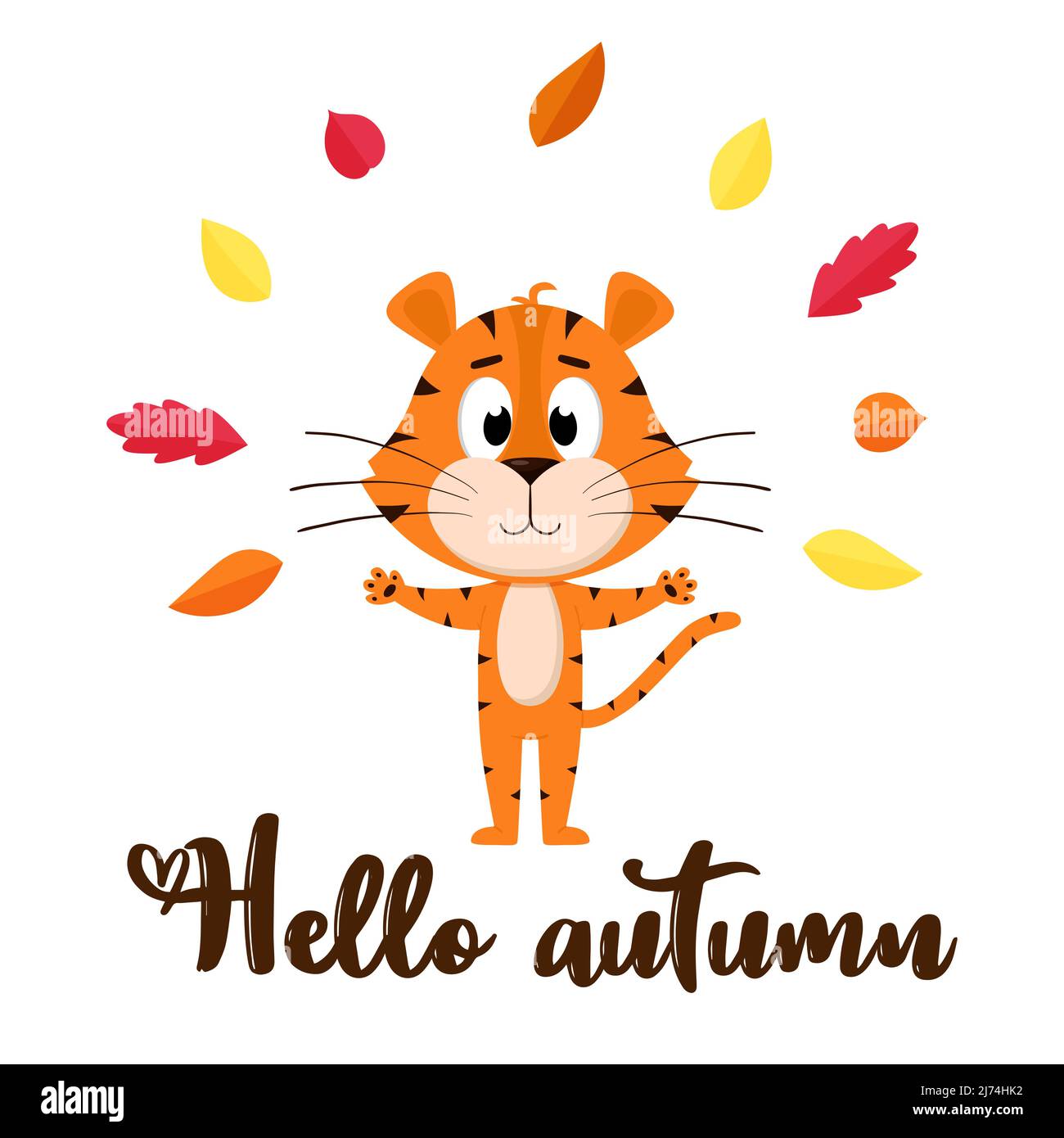 Carino tigre cartoon lancia autunno foglie colorate. Una cartolina con un carattere adorabile e le parole Ciao autunno. Illustrazione del vettore colore isolata Illustrazione Vettoriale