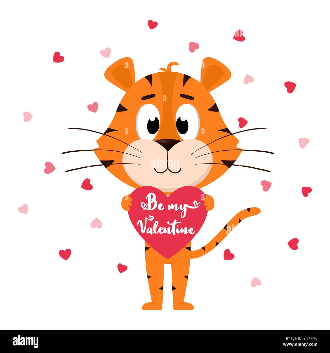 Una tigre carina cartoon tiene un cuore con l'iscrizione sia mio Valentine nelle sue zampe. Un biglietto di San Valentino con un personaggio adorabile. Vettore colore i Illustrazione Vettoriale