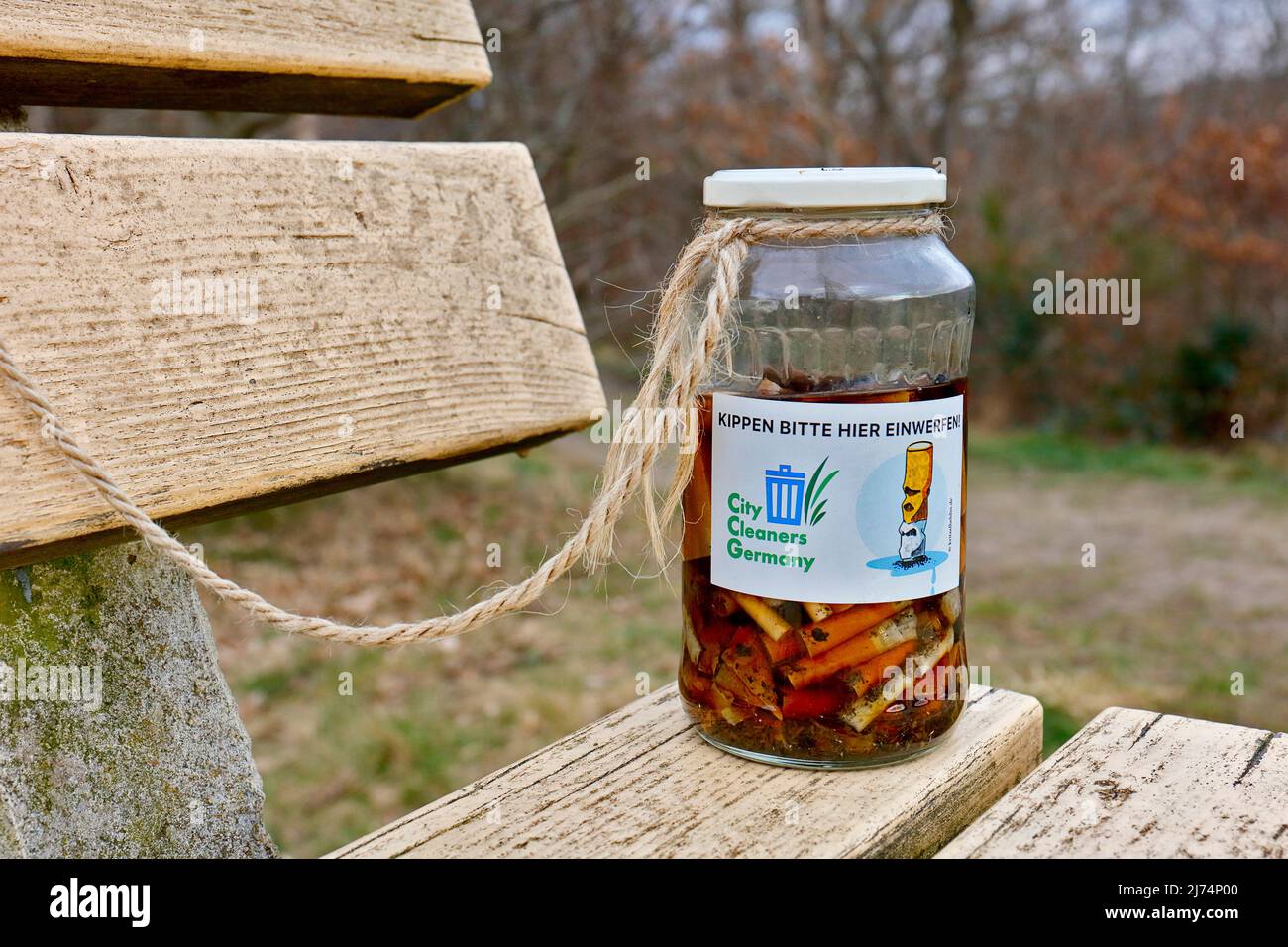 Vetro per stub di sigarette su una banca in un parco, City Cleaners Germania, Germania, Renania settentrionale-Vestfalia Foto Stock