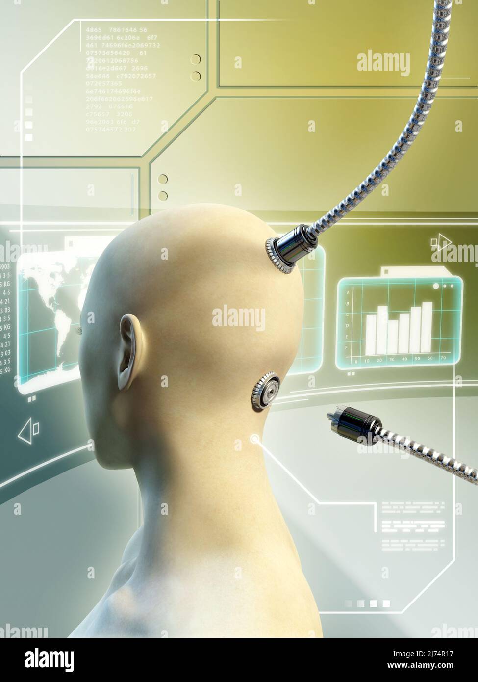 Testa femmina con cavi che si collegano alla parte posteriore della testa. Illustrazione digitale. Foto Stock
