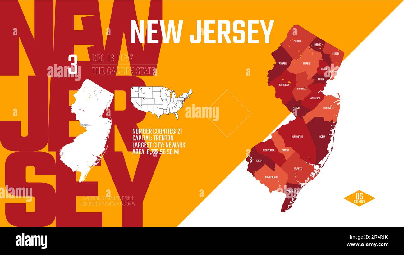 3 di 50 stati Uniti, suddivisi in contee con soprannomi di territorio, vettore dettagliato New Jersey Map con nome e data ammessi al Illustrazione Vettoriale