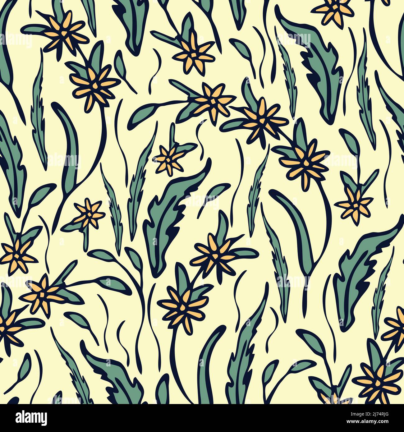 Pattern vettoriale senza giunture con prato di fiori selvatici su sfondo giallo chiaro. Carta da parati romantica texture erba. Tessuto moda a foglia floreale. Illustrazione Vettoriale