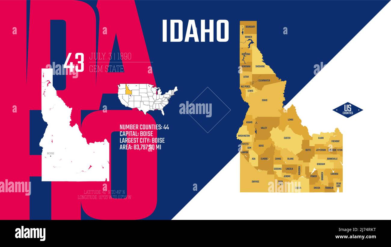 43 dei 50 stati Uniti, suddivisi in contee con soprannomi di territorio, vettore dettagliato Idaho Map con nome e data ammessi all'uni Illustrazione Vettoriale