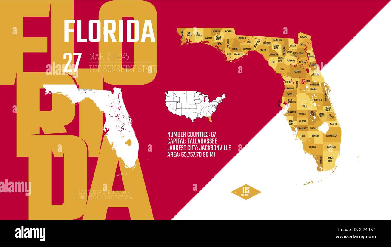 27 di 50 stati degli Stati Uniti, divisi in contee con soprannomi di territorio, mappa dettagliata del vettore Florida con nome e data ammessi alla U Illustrazione Vettoriale