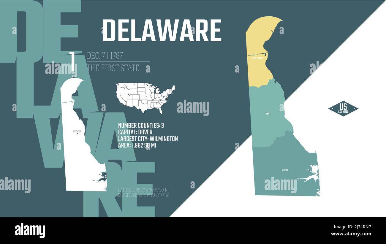 1 dei 50 stati Uniti, suddivisi in contee con soprannomi di territorio, vettore dettagliato carta Delaware con nome e data ammessi alla U Illustrazione Vettoriale