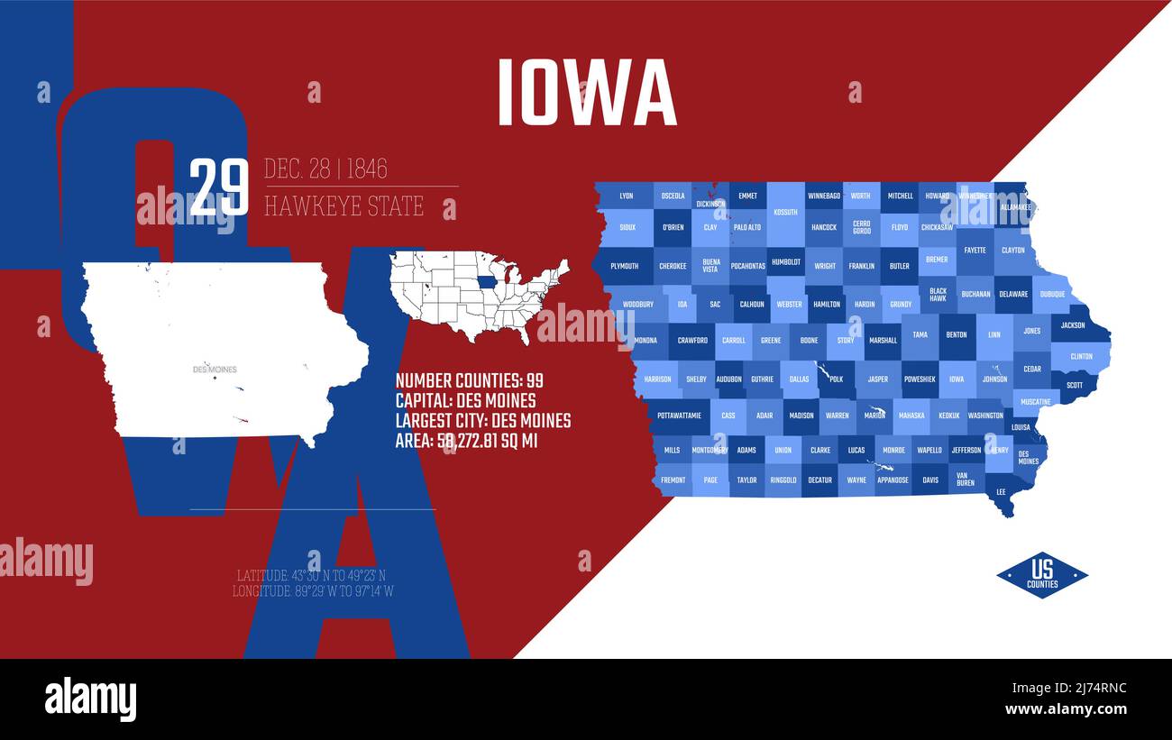 29 dei 50 stati Uniti, suddivisi in contee con soprannomi di territorio, mappa dettagliata del vettore Iowa con nome e data ammessi all'Unio Illustrazione Vettoriale